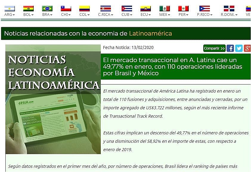 El mercado transaccional en A. Latina cae un 49,77% en enero, con 110 operaciones lideradas por Brasil y Mxico